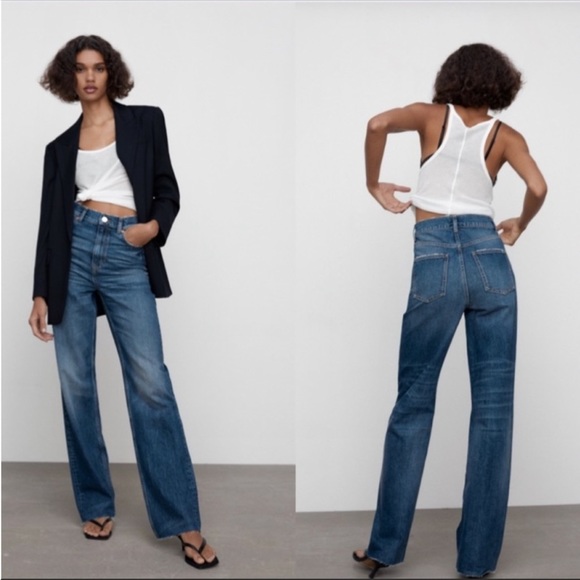 Zara Jeans Zara 9s Ultra High Waist Full Length Wide Leg Denim